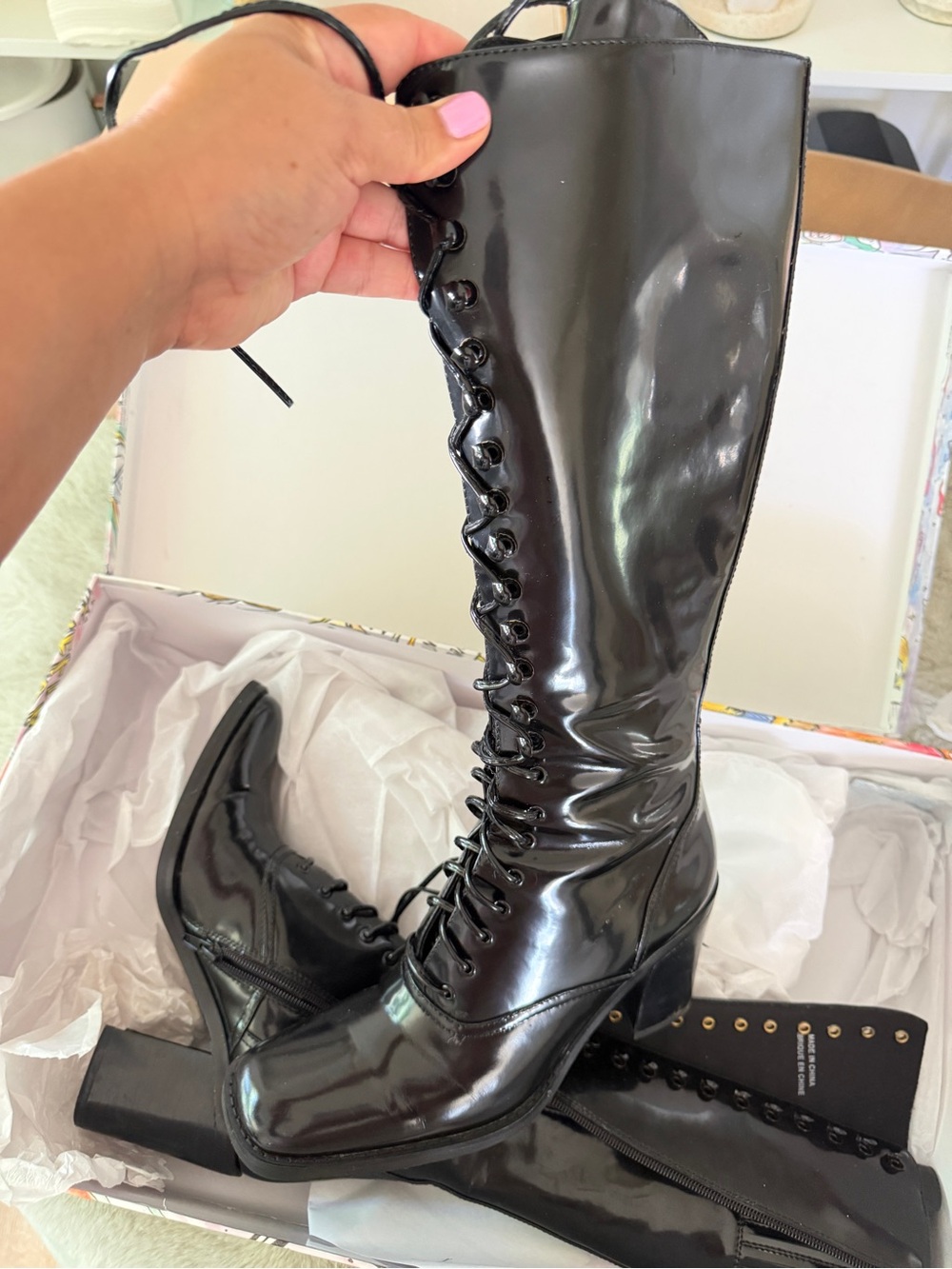 Jeffrey Campbell Black Patent Lace-Up Knee Boots